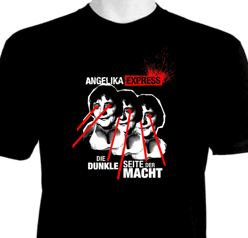 Shirtmotiv mit sexy böser Angela Merkel die Todesstrahlen abfeuert